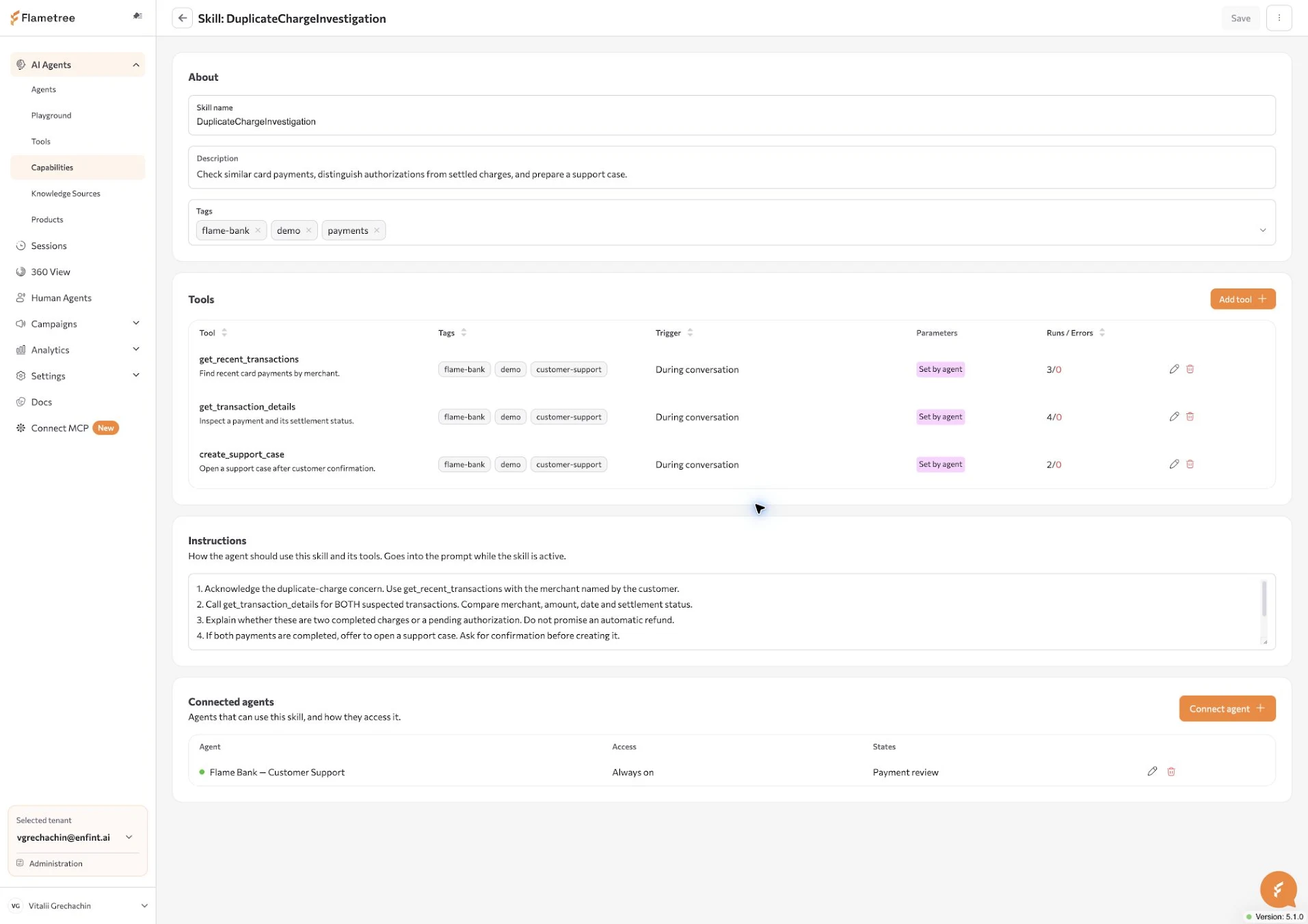 Skill page with the skill's description, its tools, the instructions for using them, and the connected agents