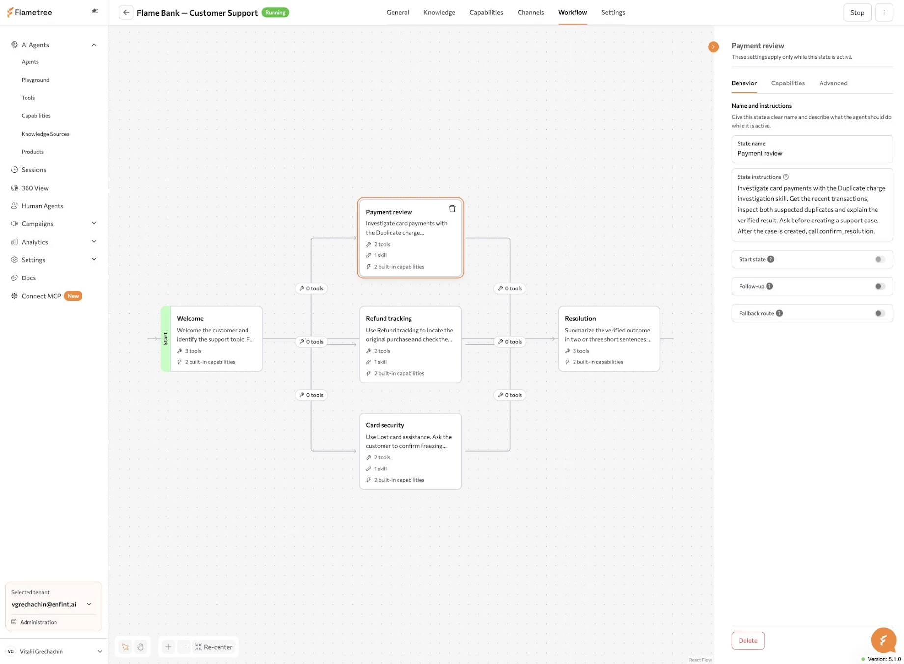 Workflow tab with the agent's states on the canvas and the settings panel open for the selected state