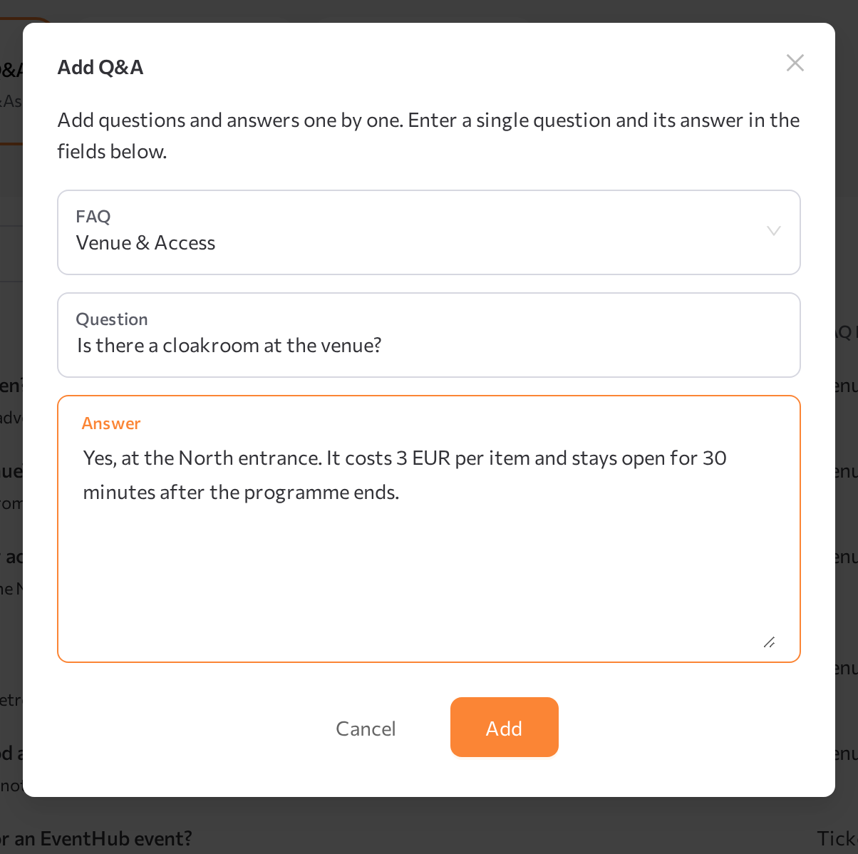Add Q&A window with FAQ, Question, and Answer fields