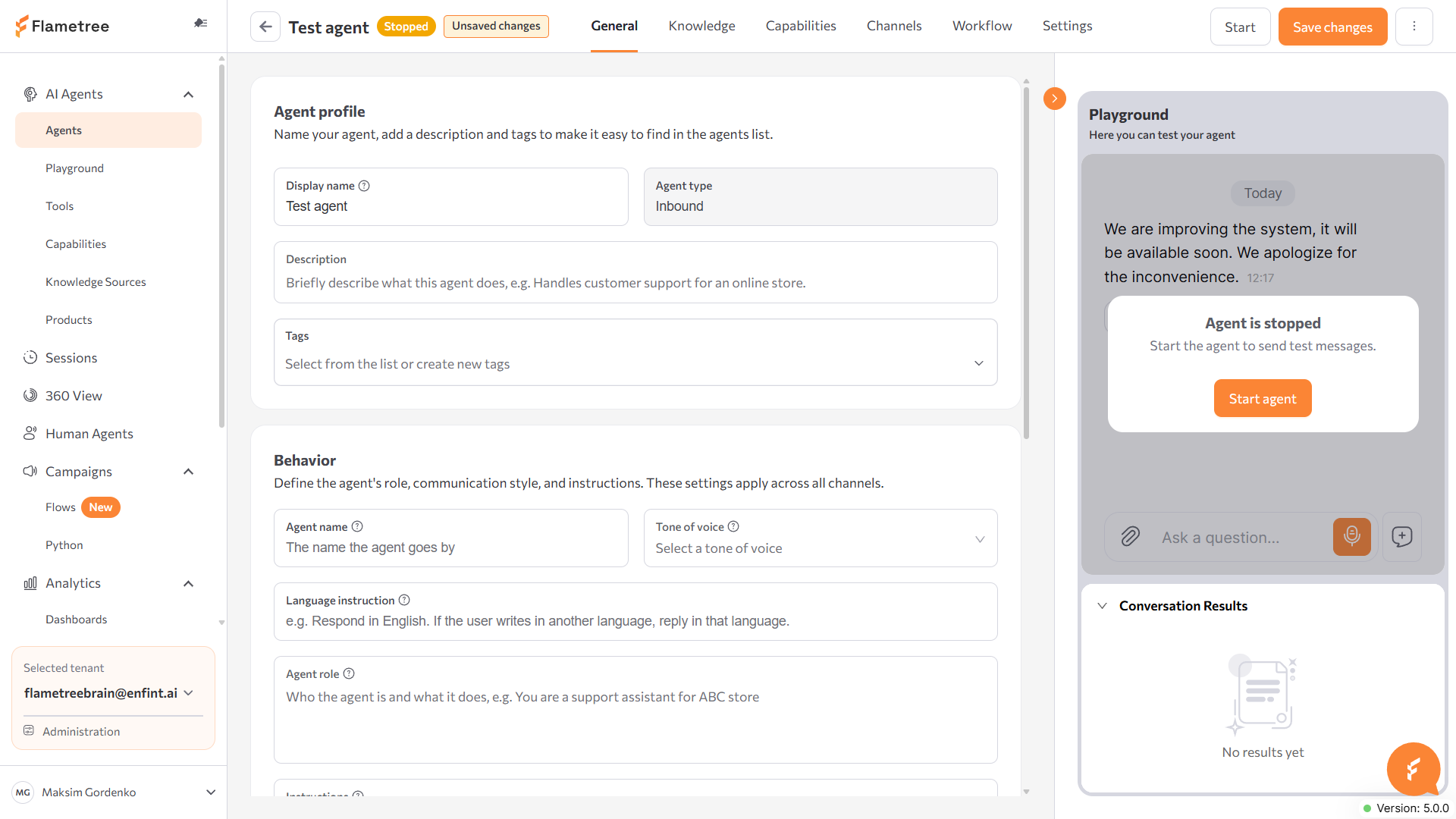 Agent page on the General tab with the header status badges and the Playground panel open