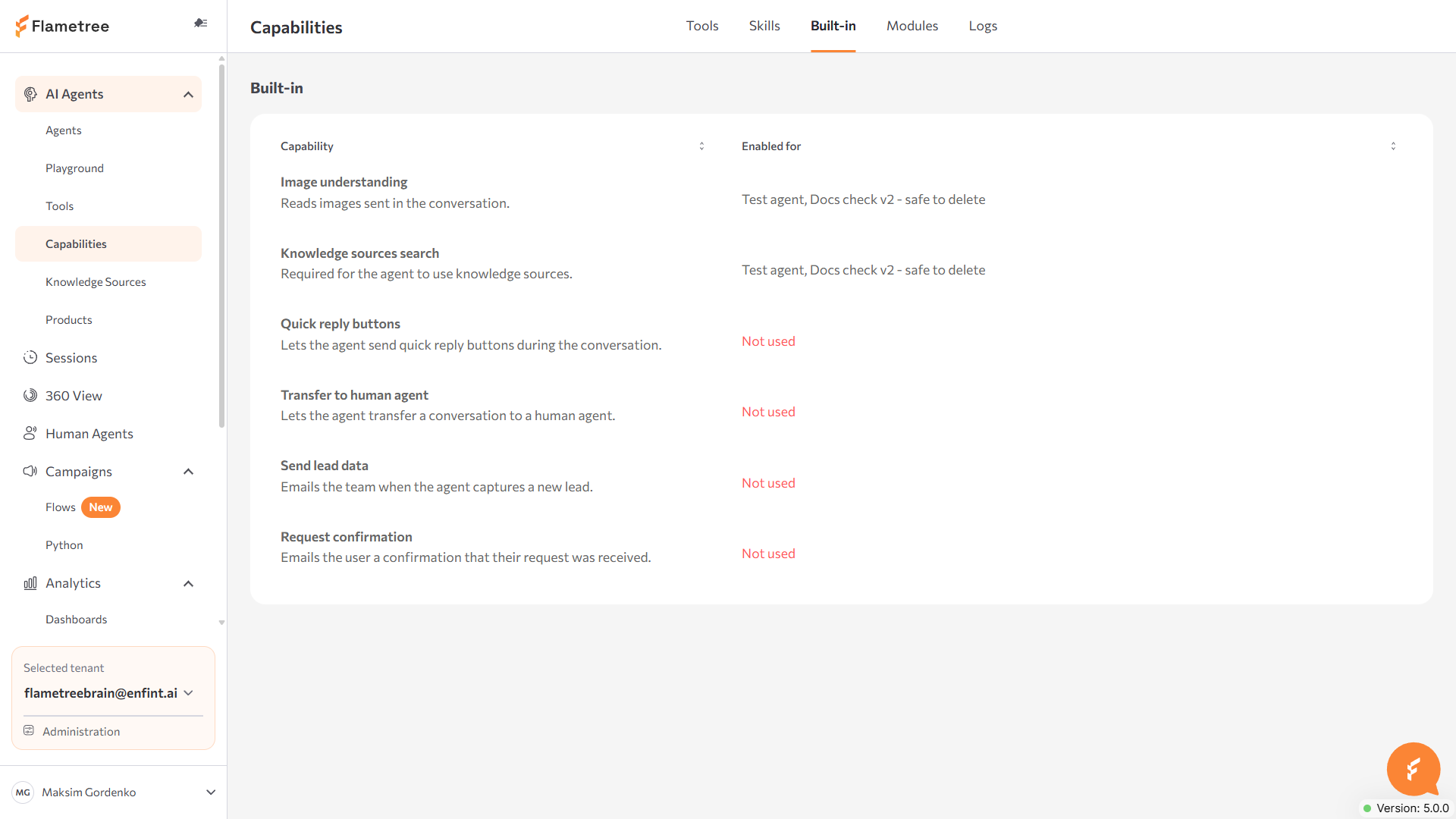 Built-in tab with its capability list and the Enabled for column