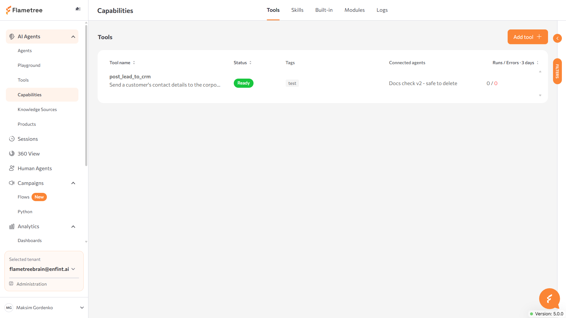 Capabilities screen with the Tools tab and its five tabs (Tools, Skills, Built-in, Modules, Logs)