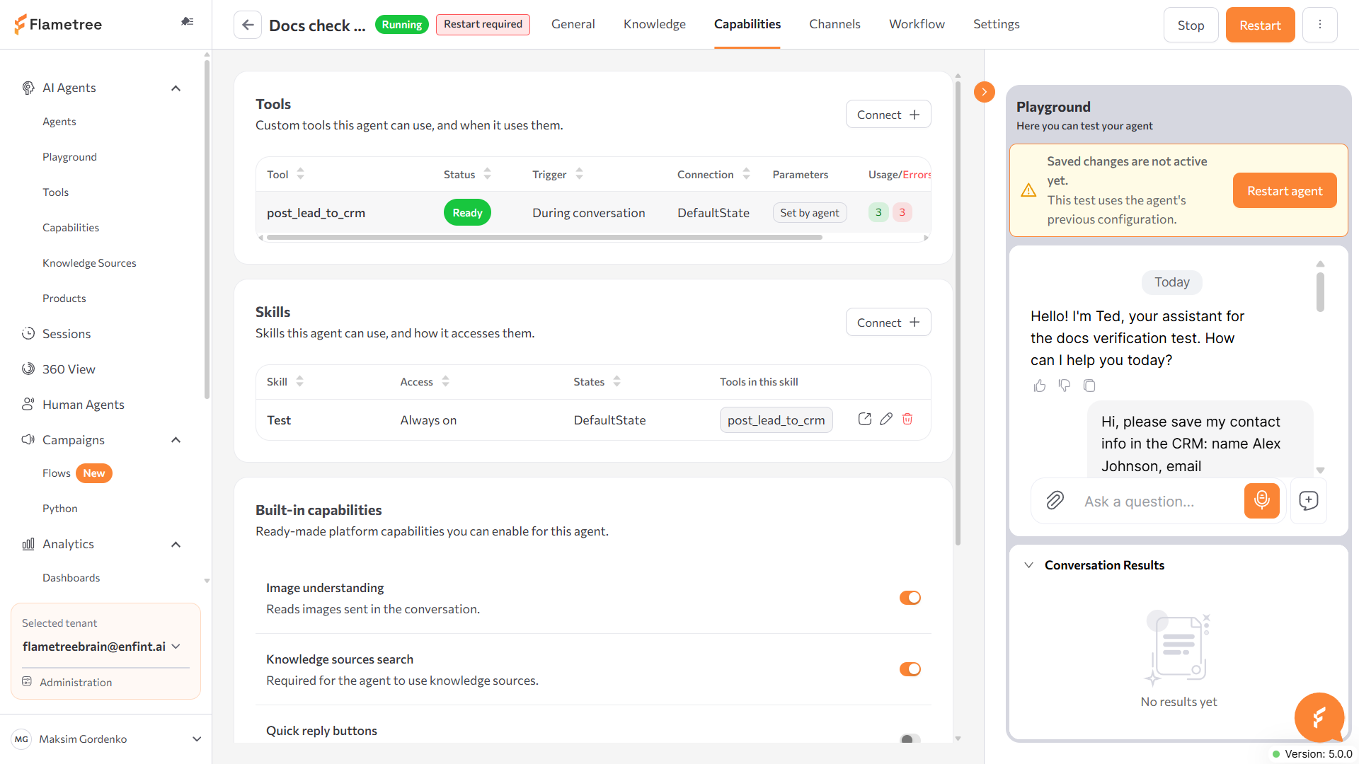 Capabilities tab on the agent page, showing connected tools, skills, and built-in capabilities