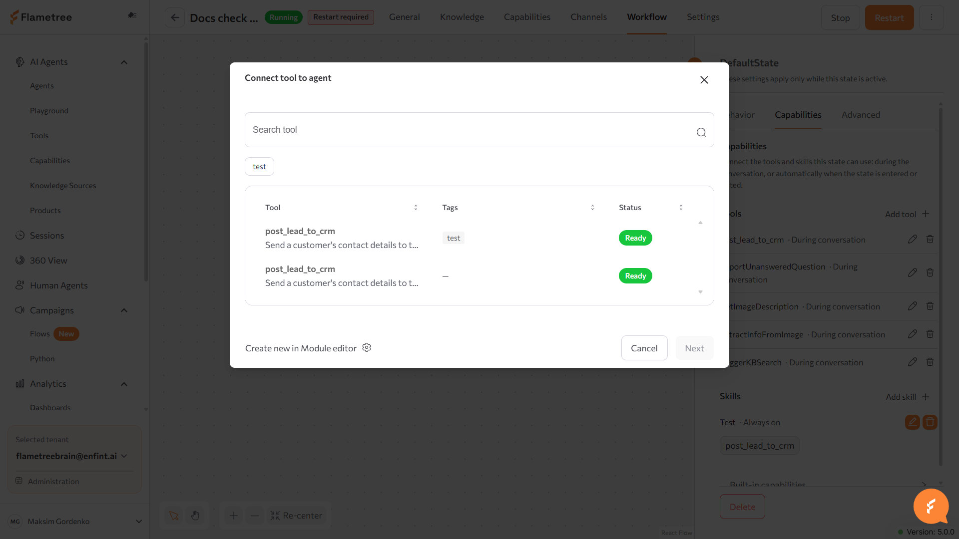 Connect tool to agent dialog with the search field and a table of tools