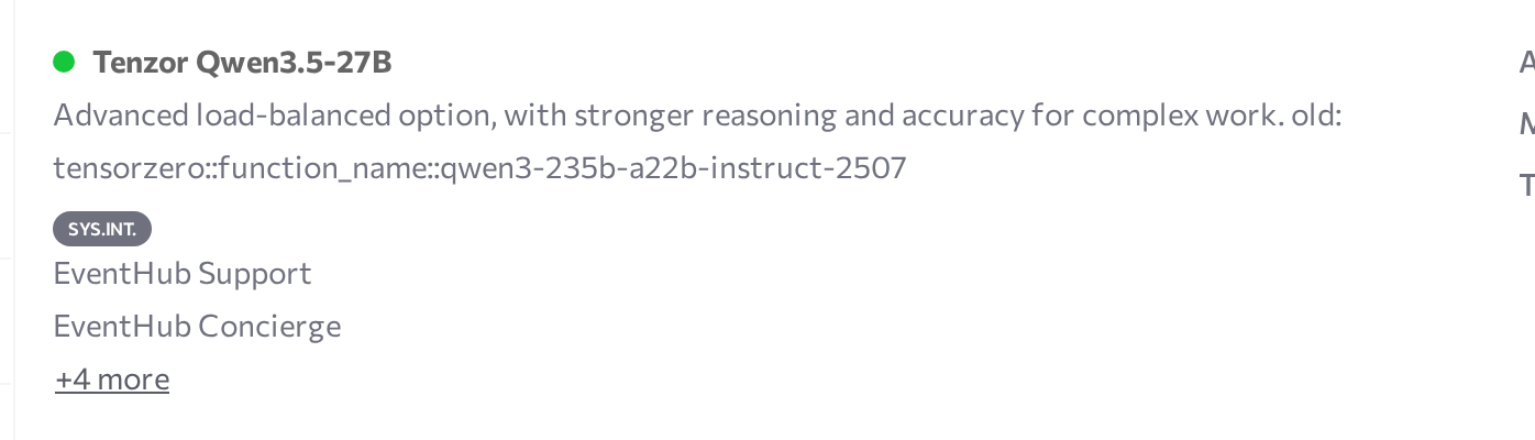 connector card with status dot, SYS.INT. tag, and linked agents