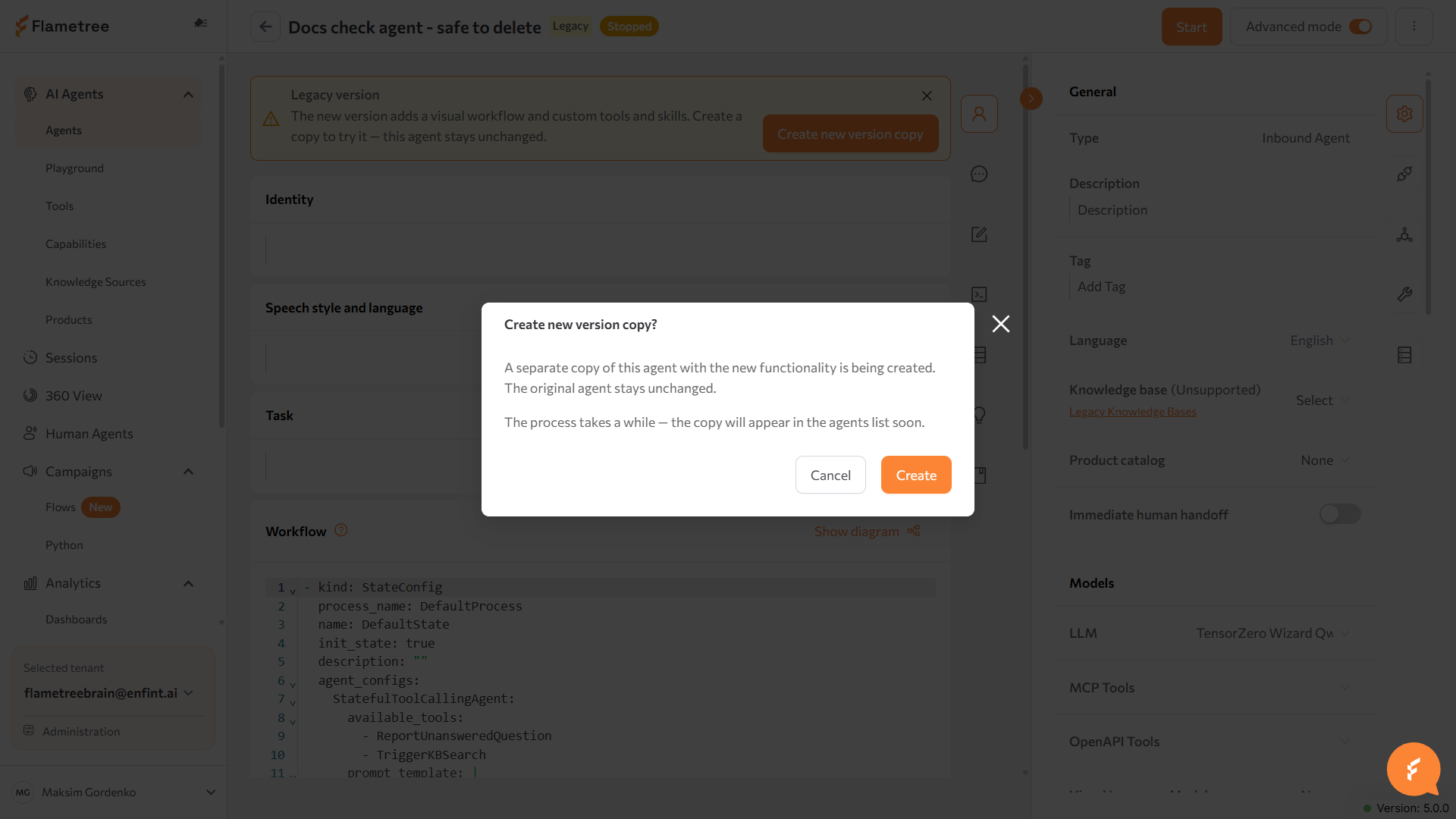 Create new version copy? confirmation dialog with its explanatory text