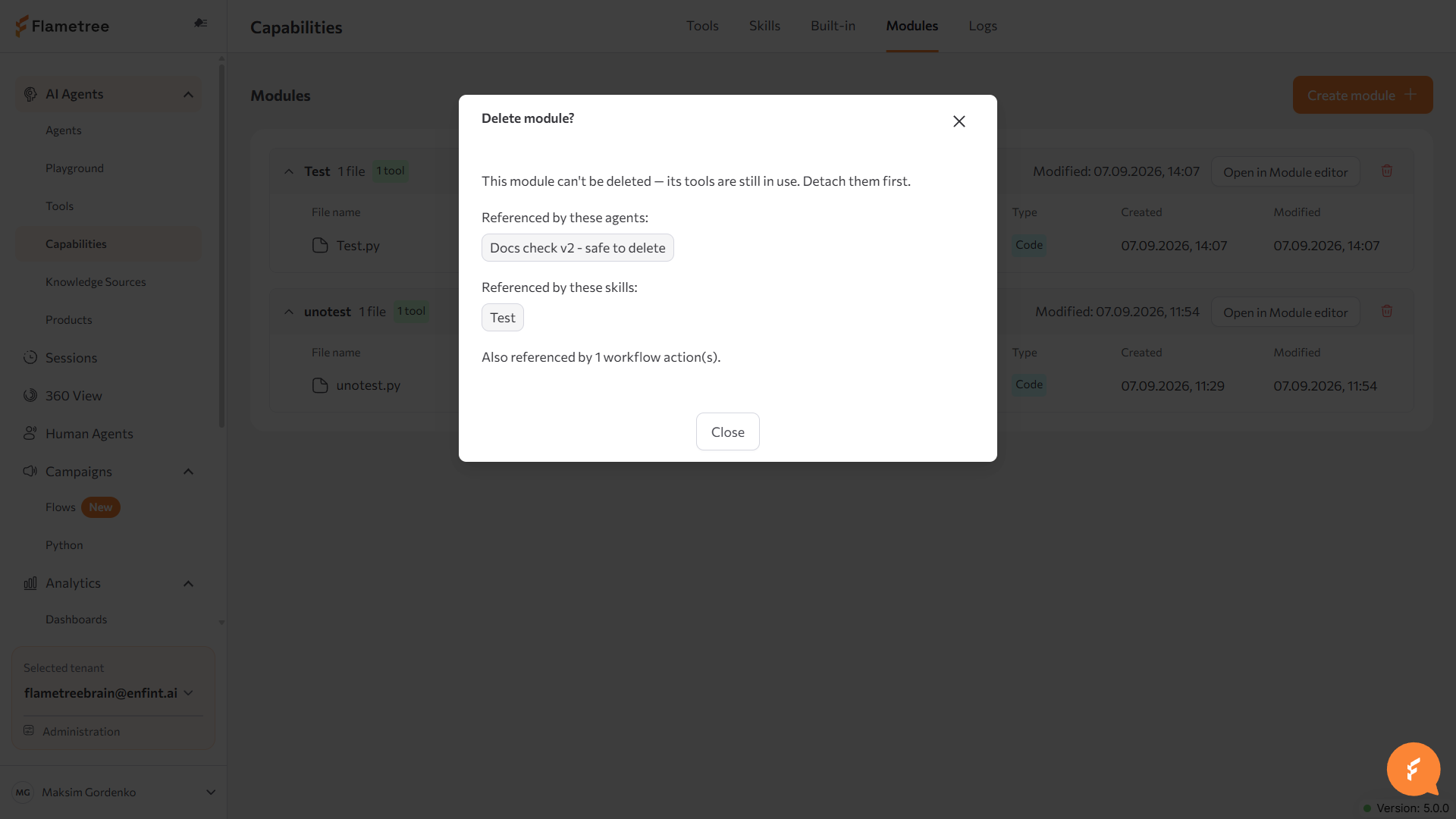 Delete module? dialog blocked because the module's tool is still referenced by an agent, a skill, and a workflow action