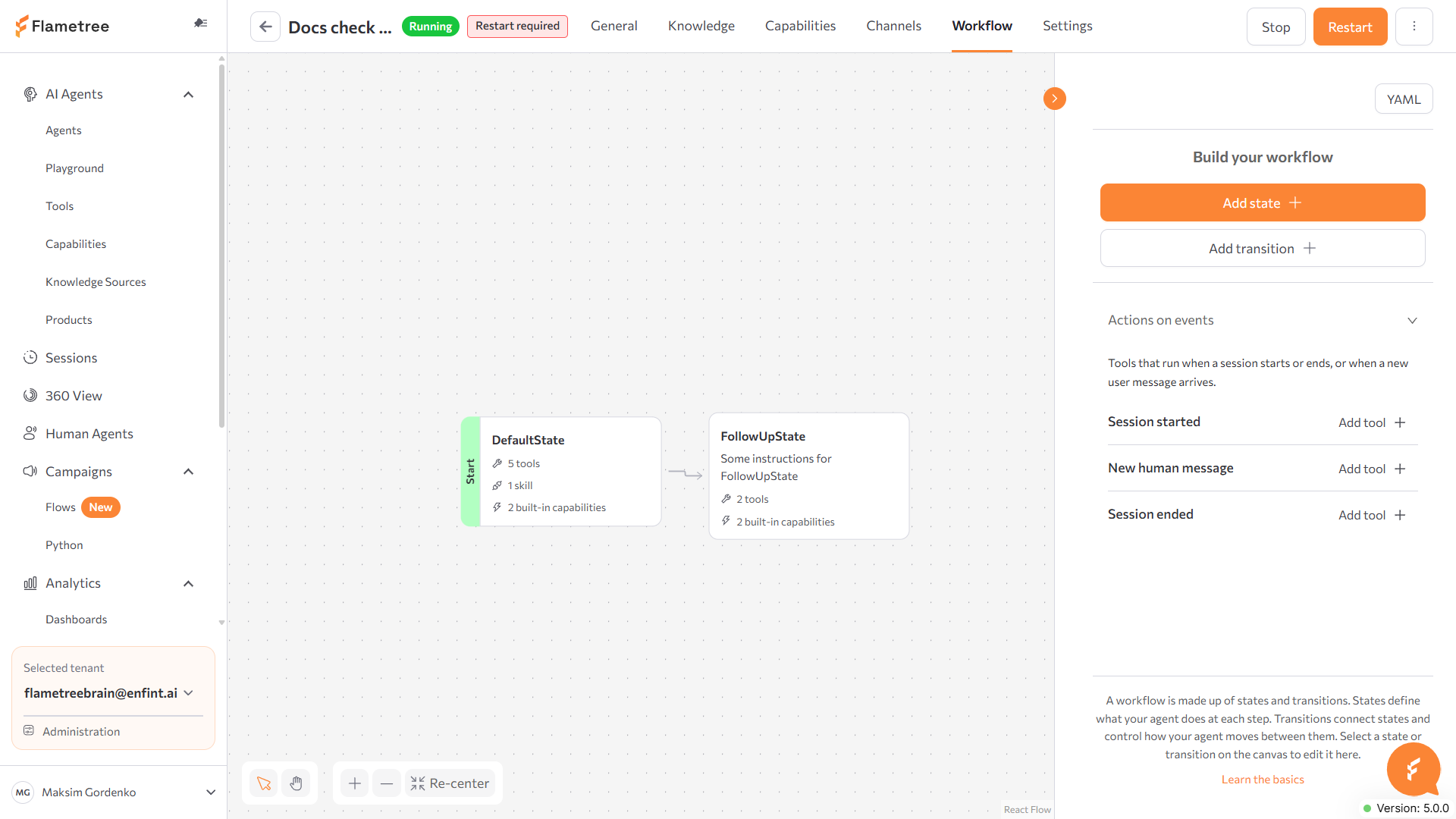 Default Workflow panel with Add state, Add transition, and the expanded Actions on events section