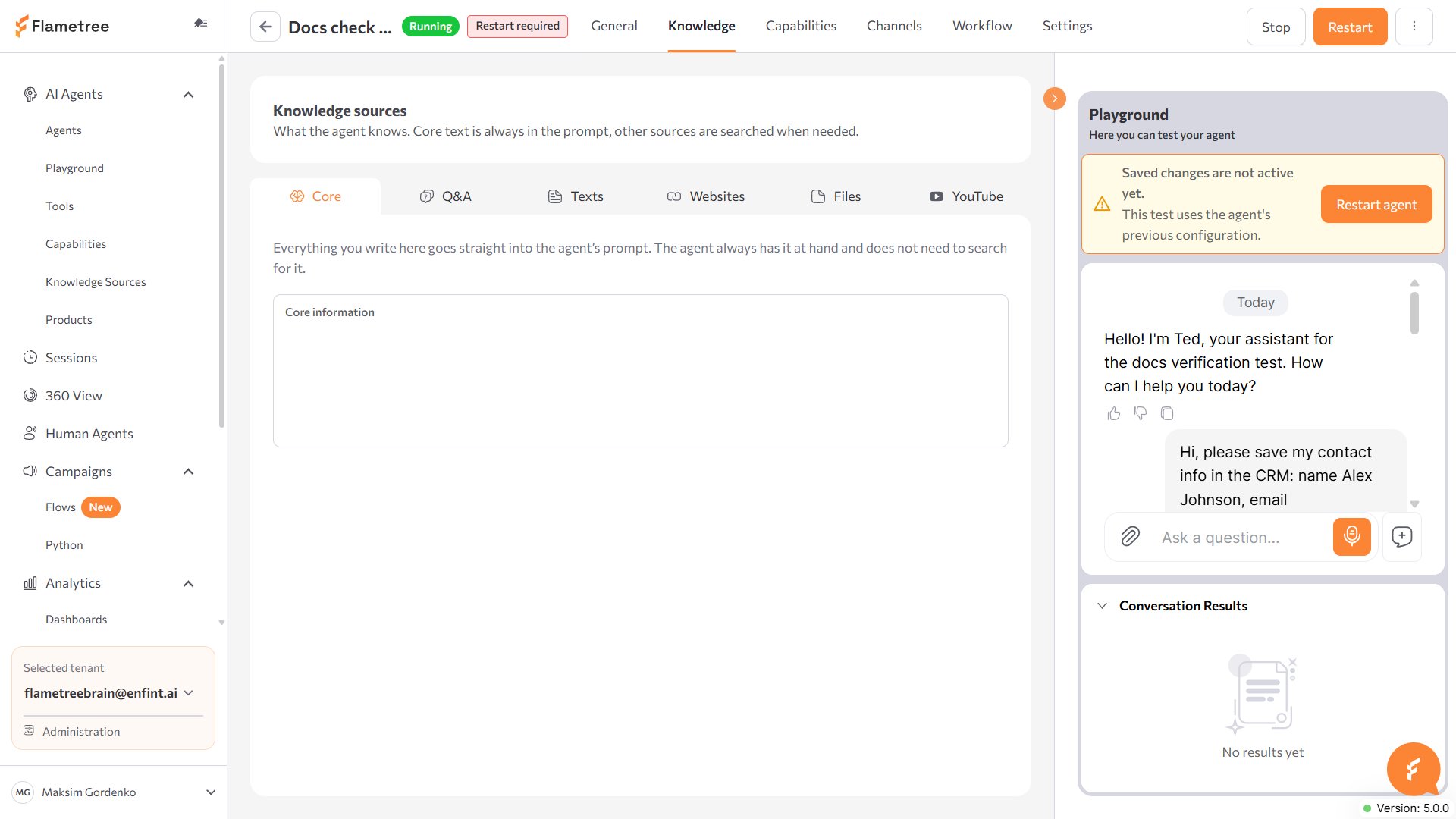 Knowledge tab with its Core, Q&amp;A, Texts, Websites, Files, and YouTube sub-tabs
