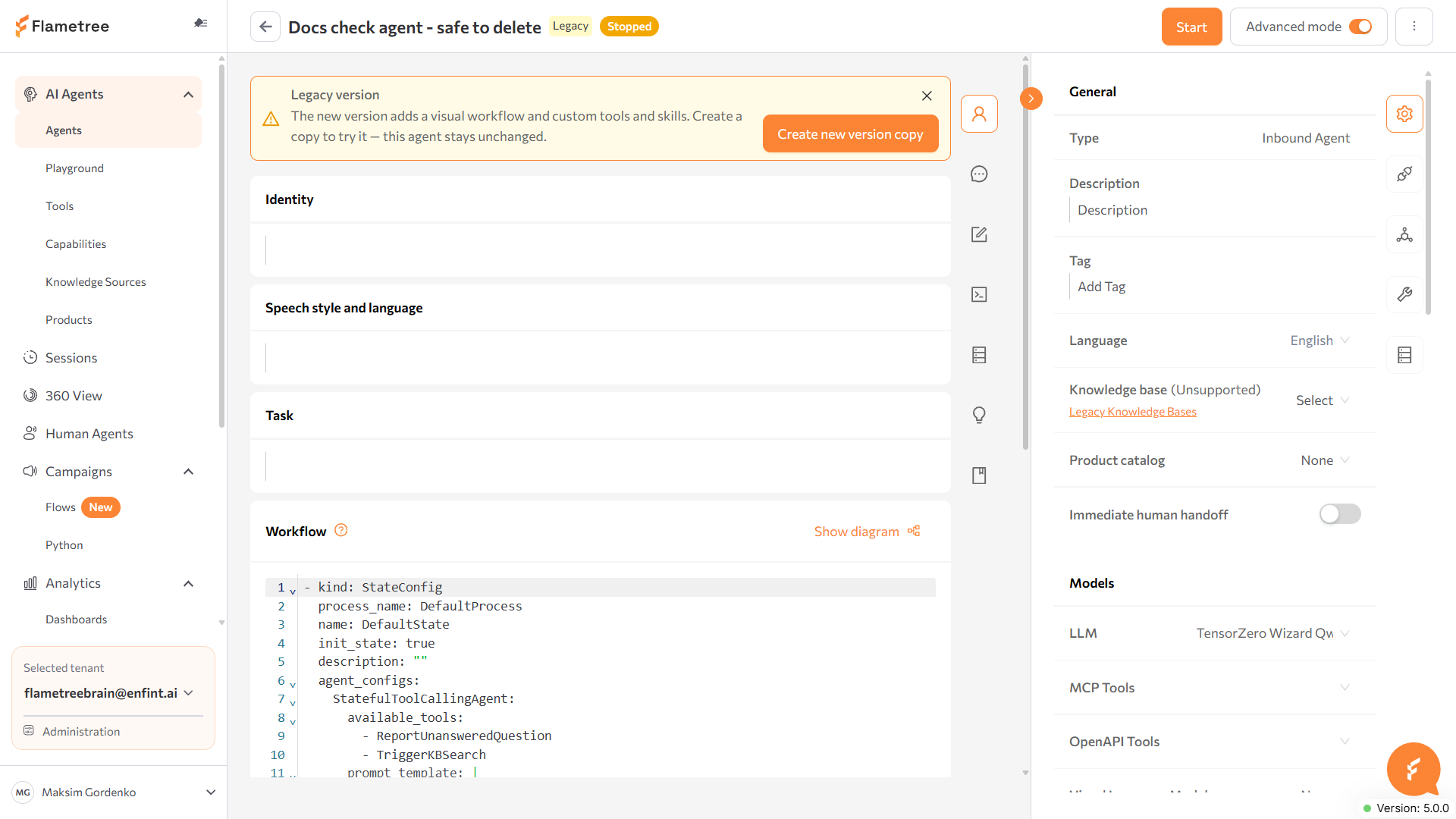 Legacy agent page with the Legacy version notice and the Create new version copy button