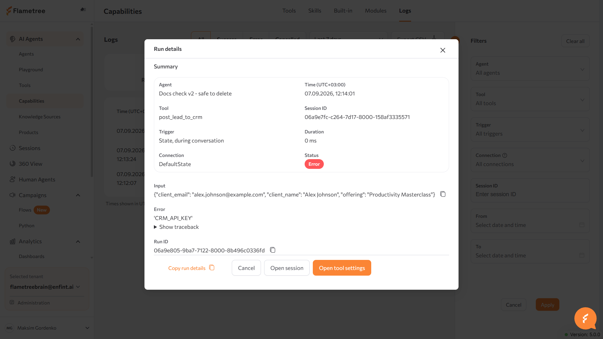 Logs tab with filters applied and a run's detail panel open