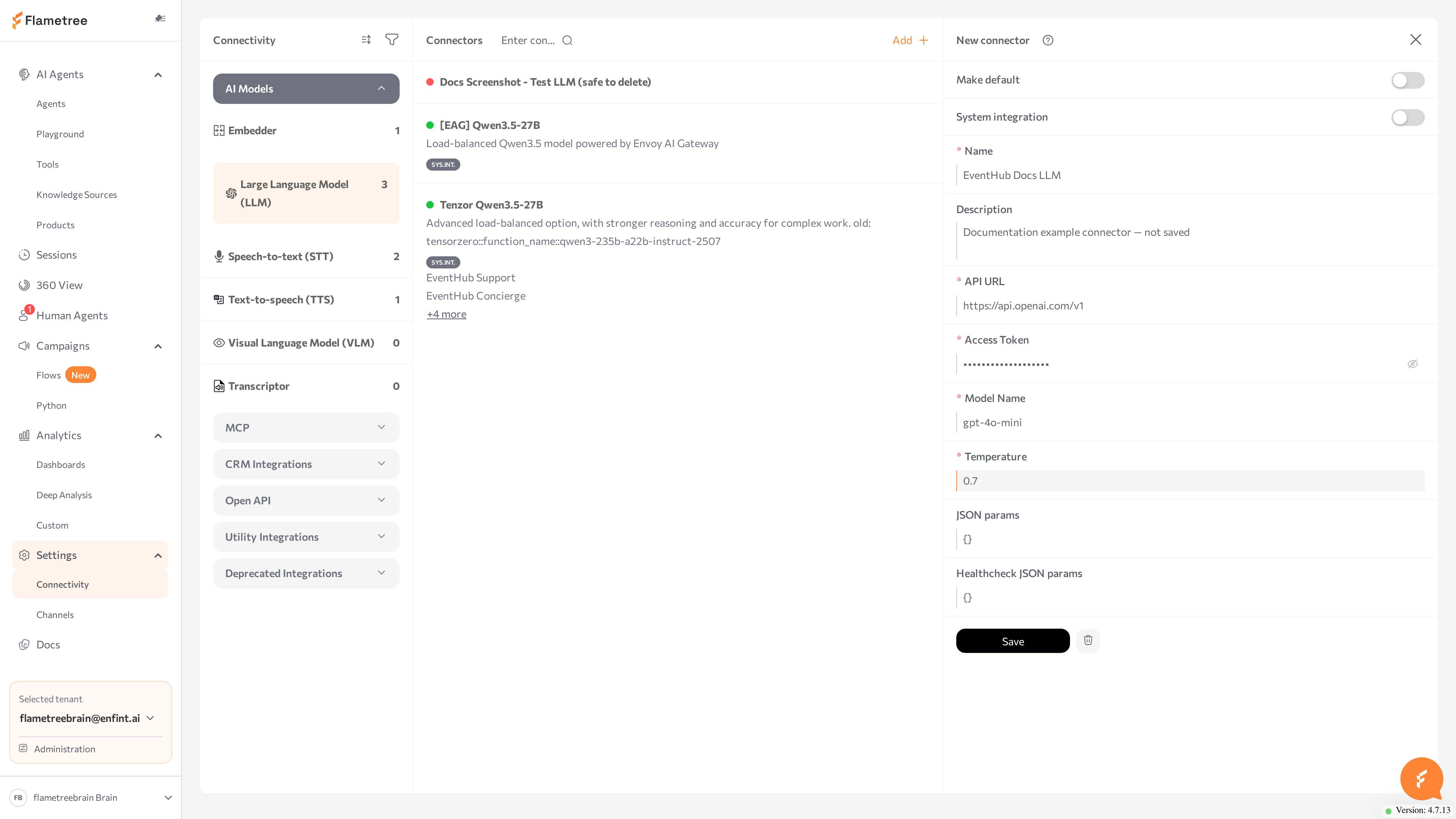 New connector form for Large Language Model (LLM) with all fields filled