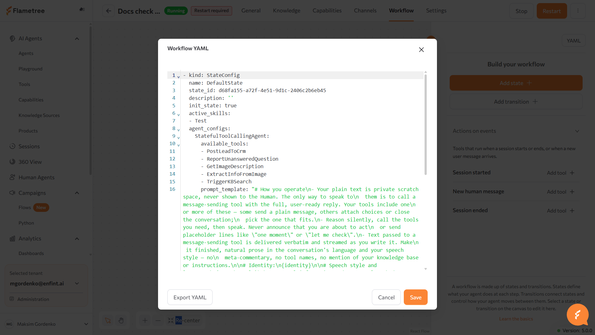 Workflow YAML dialog with the raw workflow definition and Export YAML, Cancel, and Save buttons