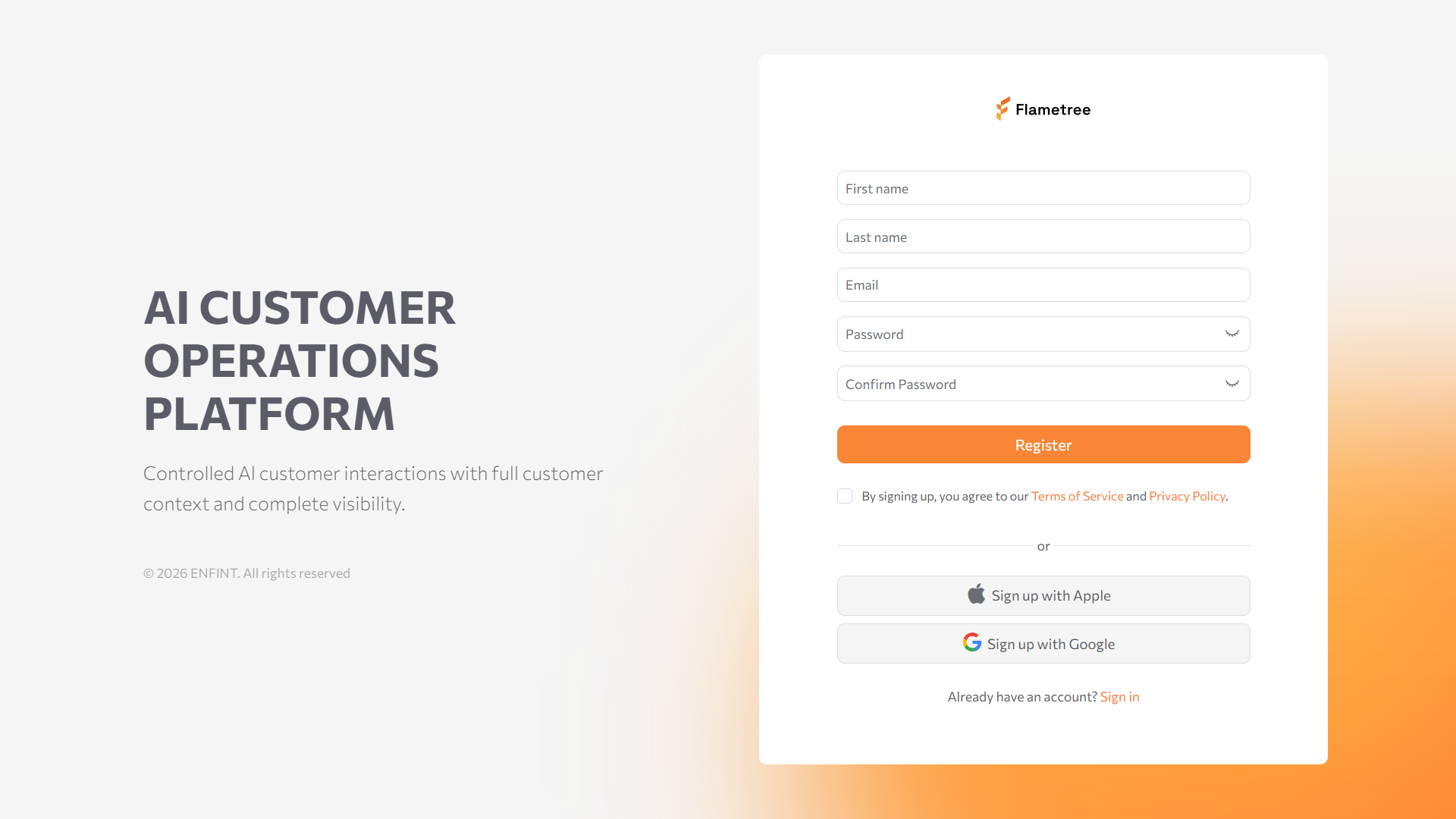 Registration form with First name, Last name, Email, Password, and Confirm Password fields, plus Apple and Google sign-up options