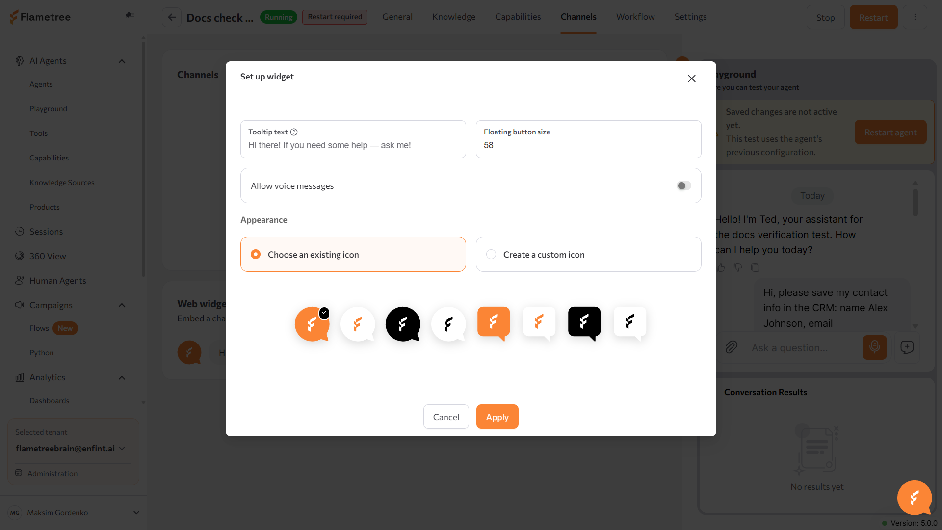 Set up widget dialog with the Tooltip text, Floating button size, Allow voice messages, and Appearance fields