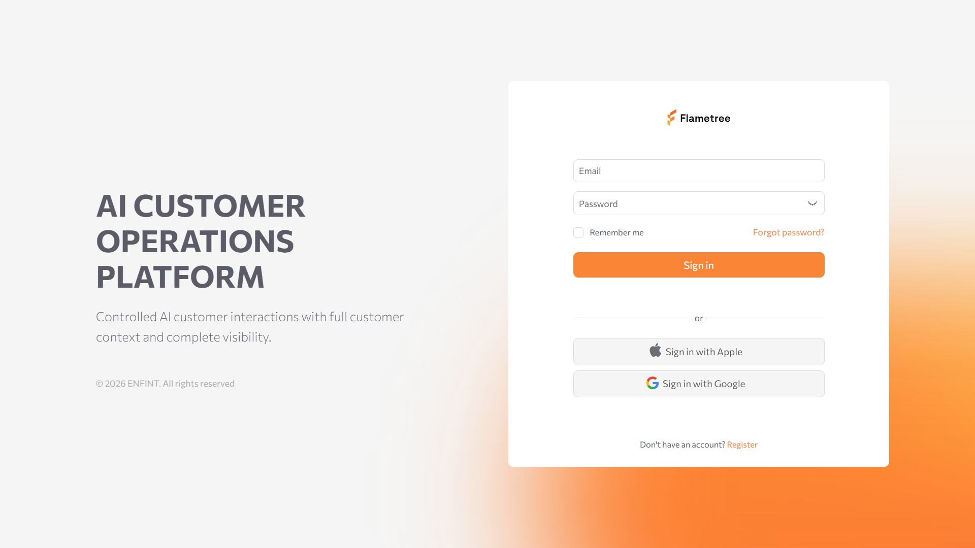Sign-in screen with Email and Password fields, Remember me, Forgot password, and Apple and Google sign-in options