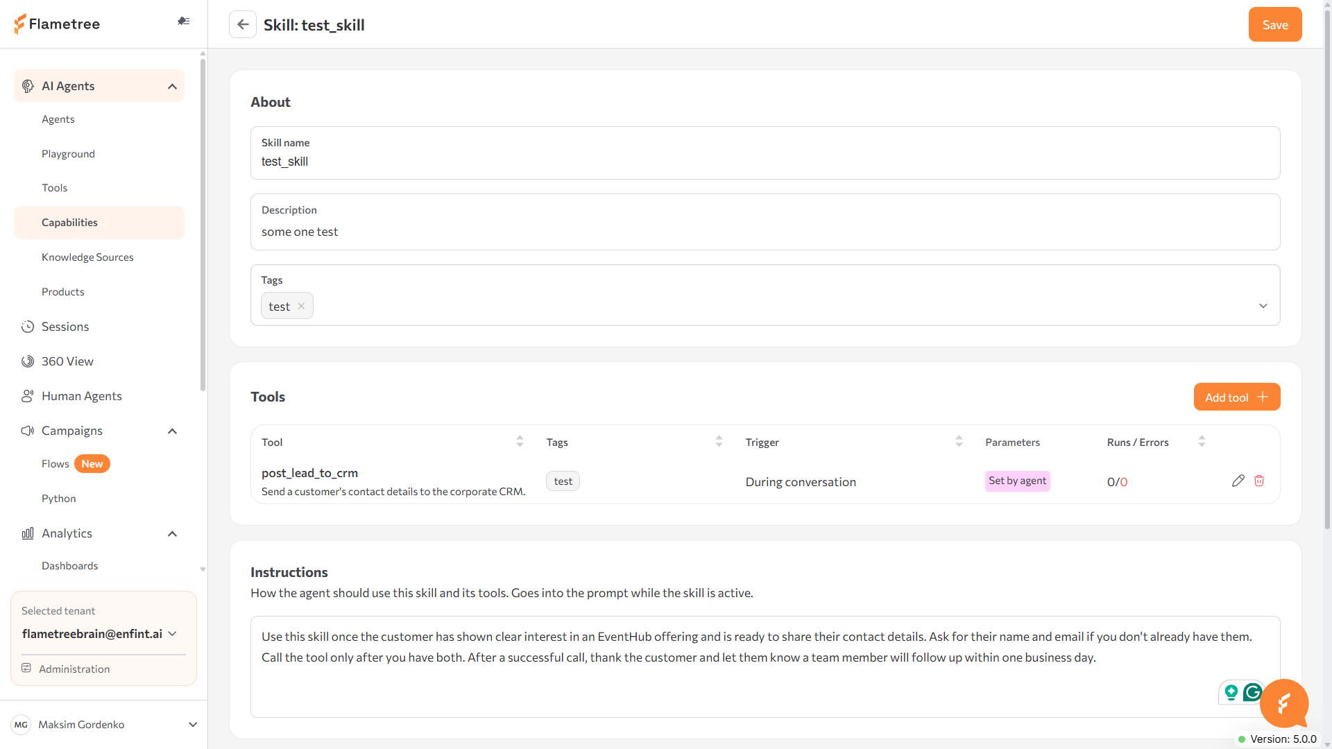 Skill page with About, Tools, and Instructions sections filled in