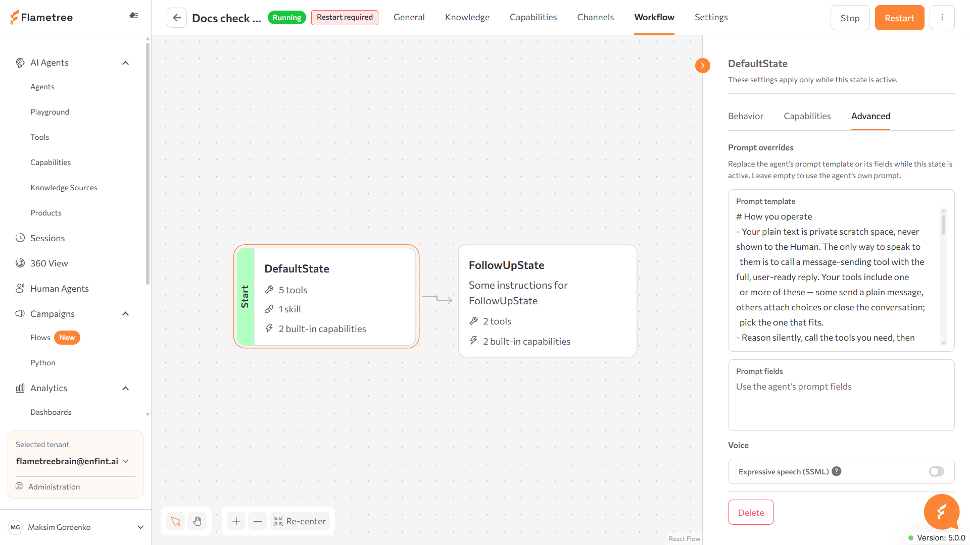 State settings panel, Advanced tab, with Prompt overrides and Voice sections