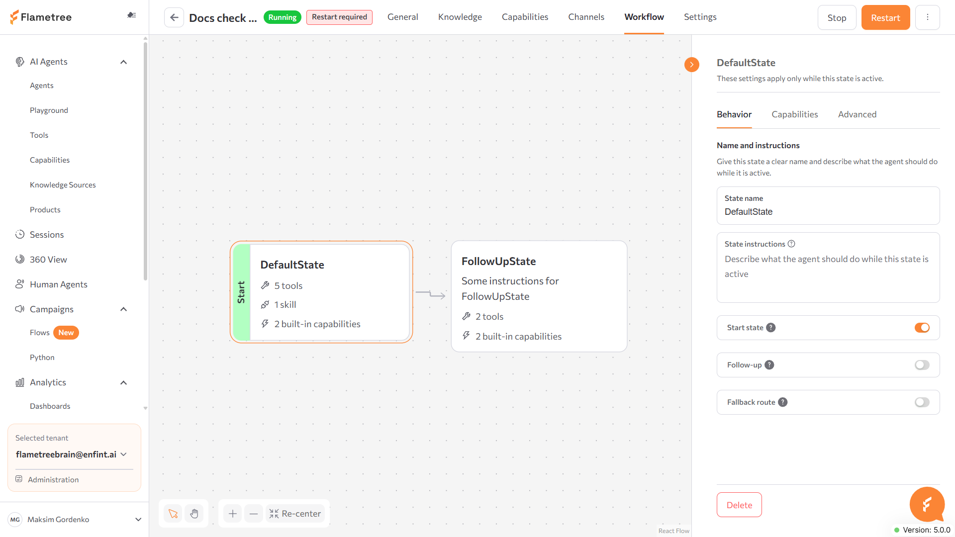 State settings panel, Behavior tab, with Start state, Follow-up, and Fallback route toggles