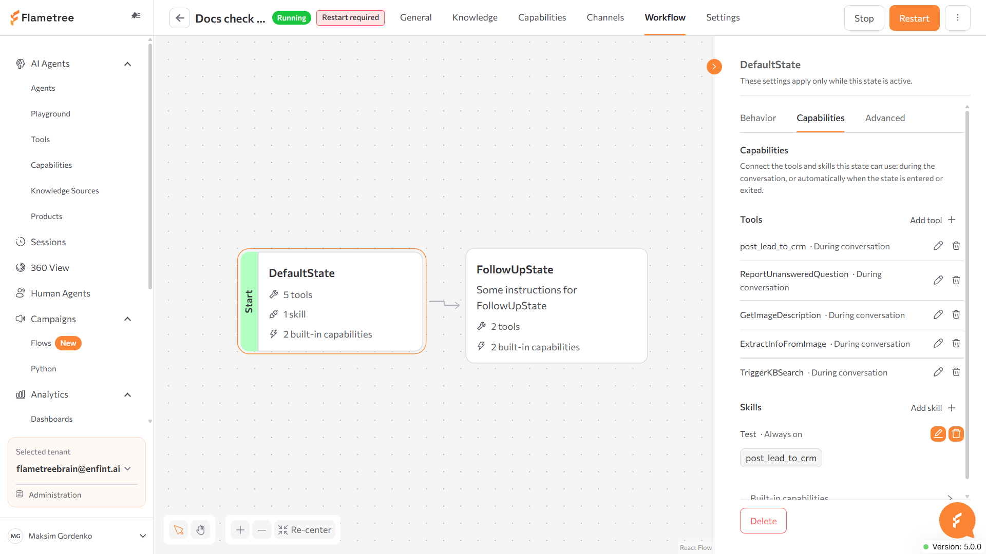 State settings panel, Capabilities tab, with Tools and Skills sections