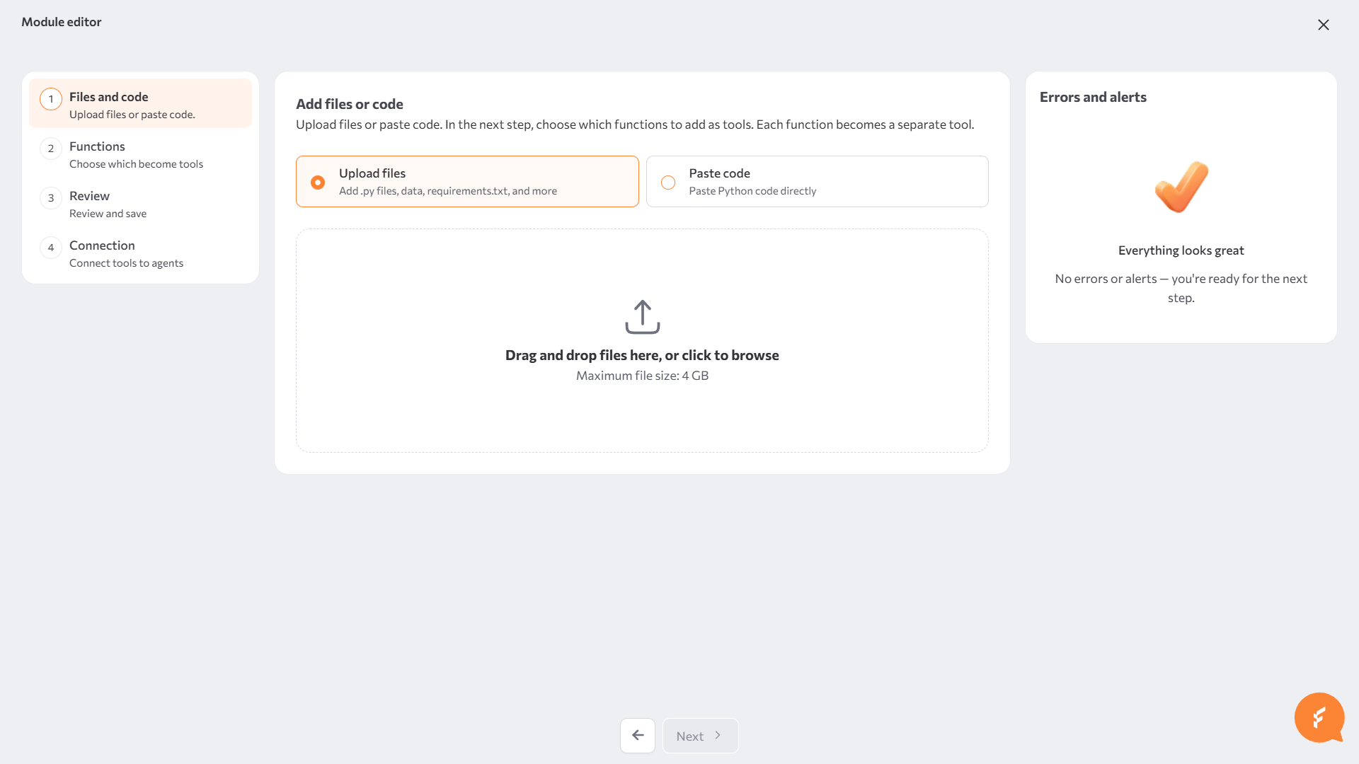 Tool builder, "Add files or code" stage, with Upload files and Paste code options