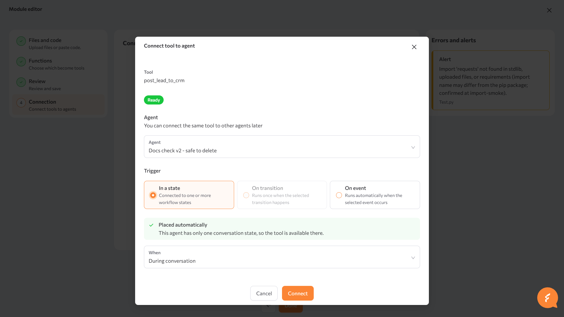 Tool builder, "Connection" stage, with the agent picker for connecting the new tools