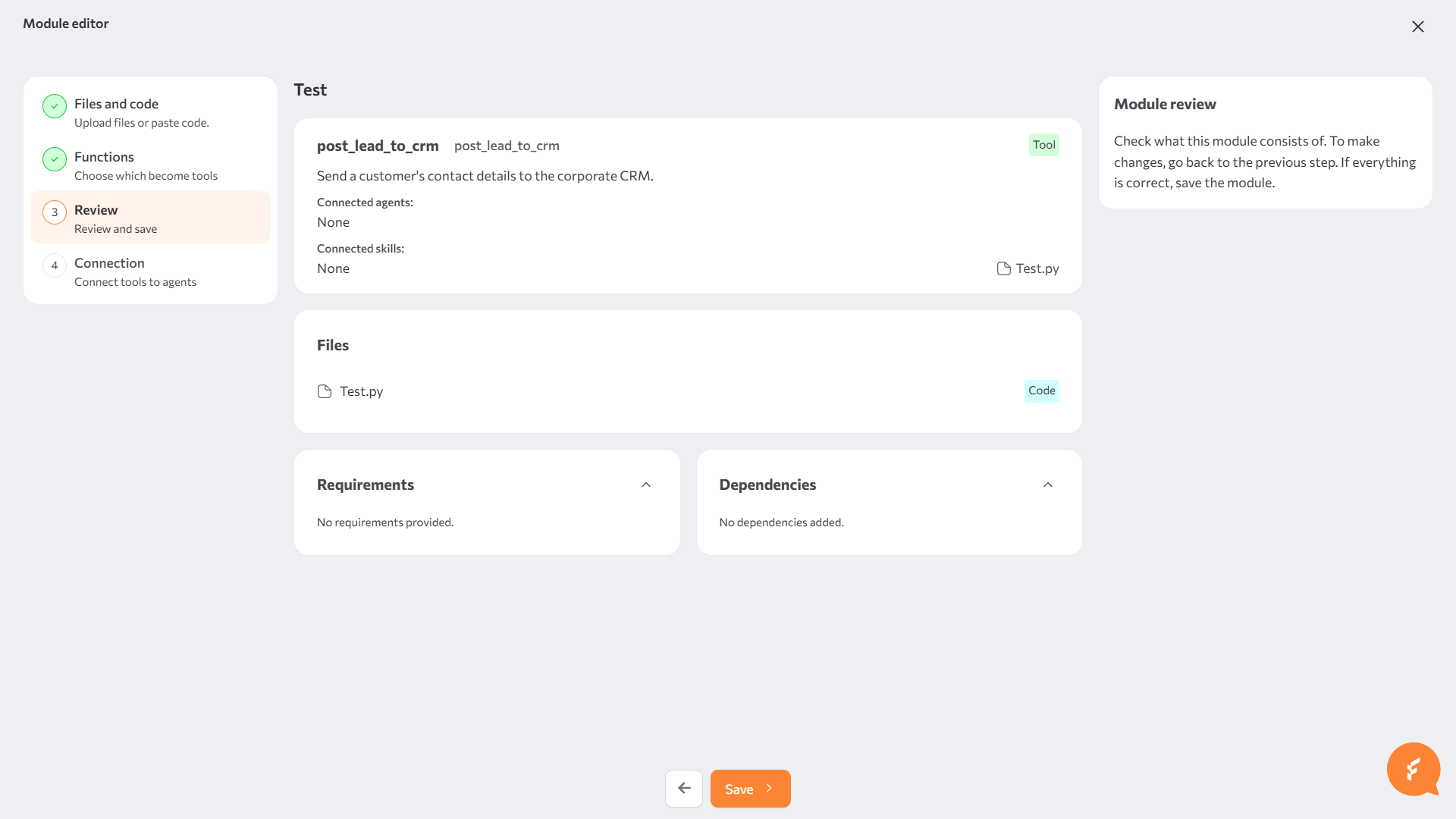 Tool builder, "Review" stage, listing the configured tools and the module's files, requirements, and dependencies