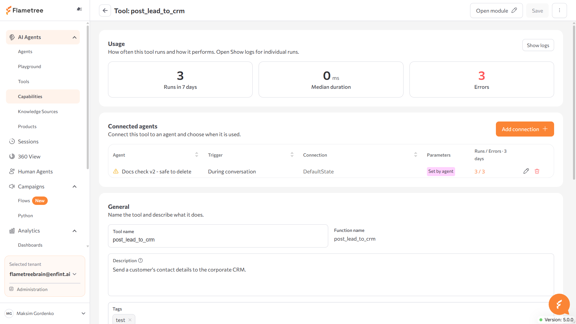 Tool detail page with the Usage and Connected agents sections