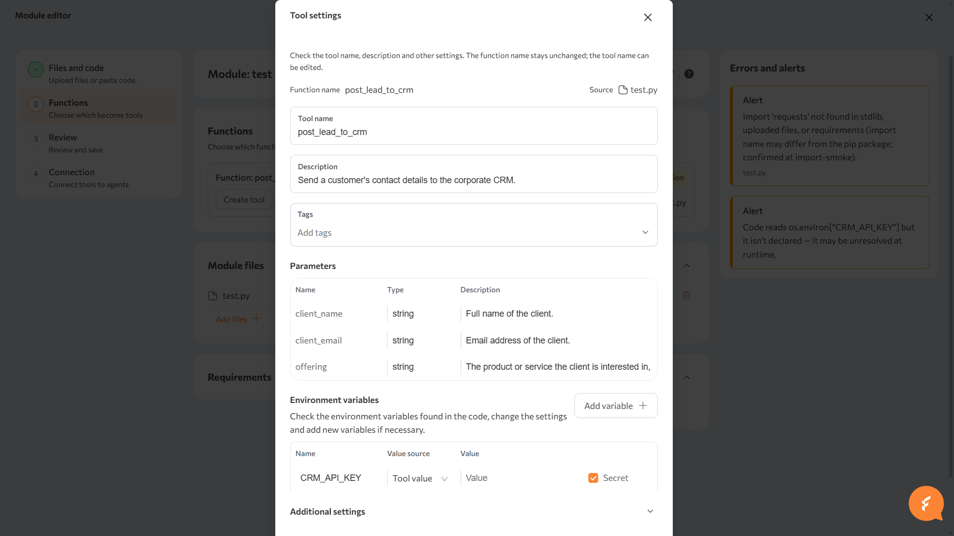Tool settings modal with the Parameters and Environment variables tables filled in