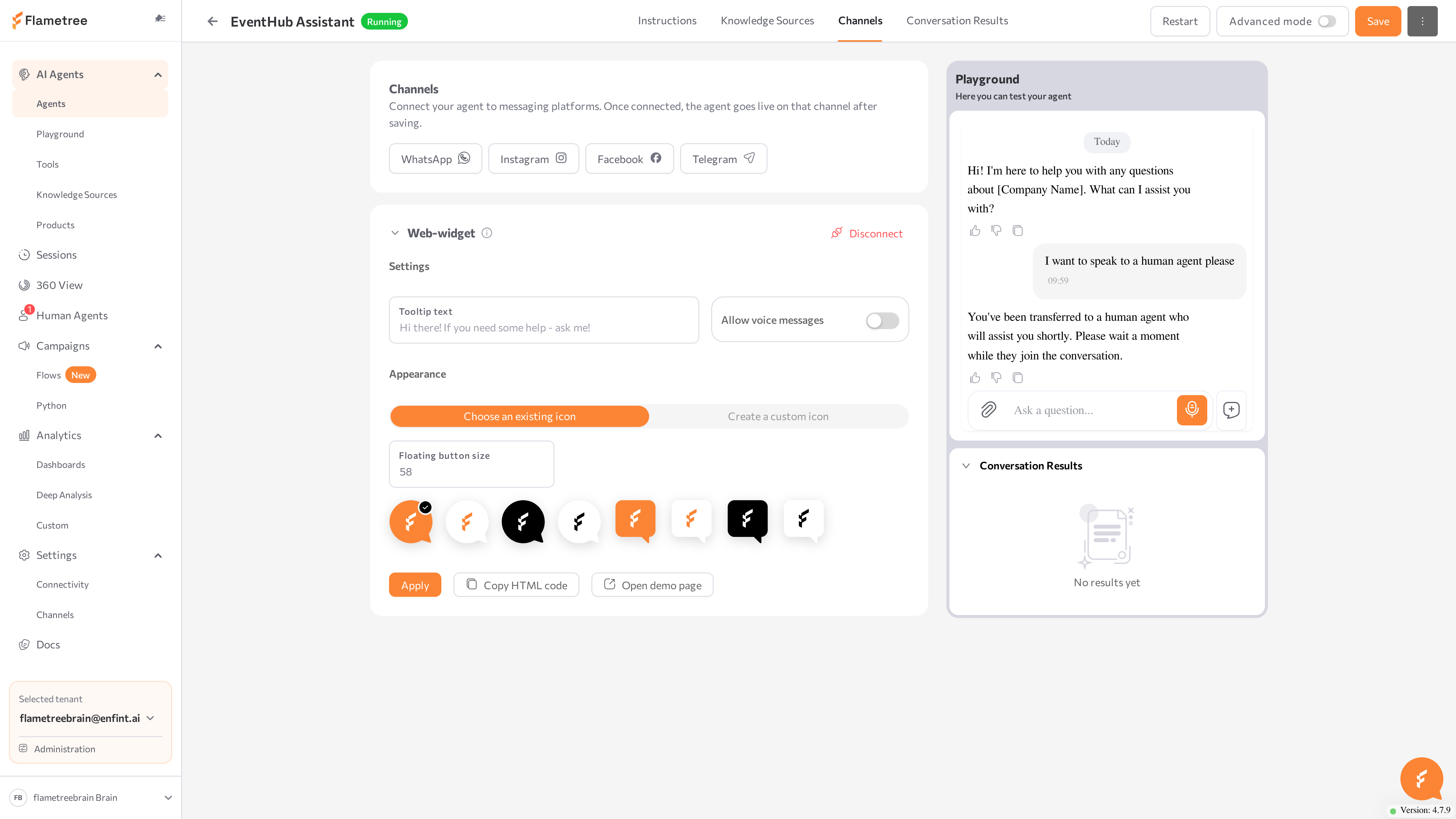 Web-widget settings on the agent page with the Copy HTML code and Open demo page buttons