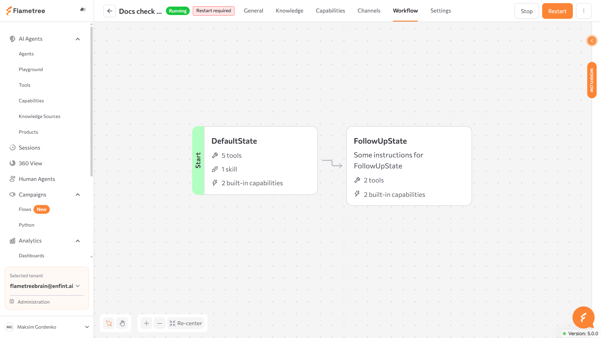 Workflow canvas overview with two states, an edge between them, and the toolbar
