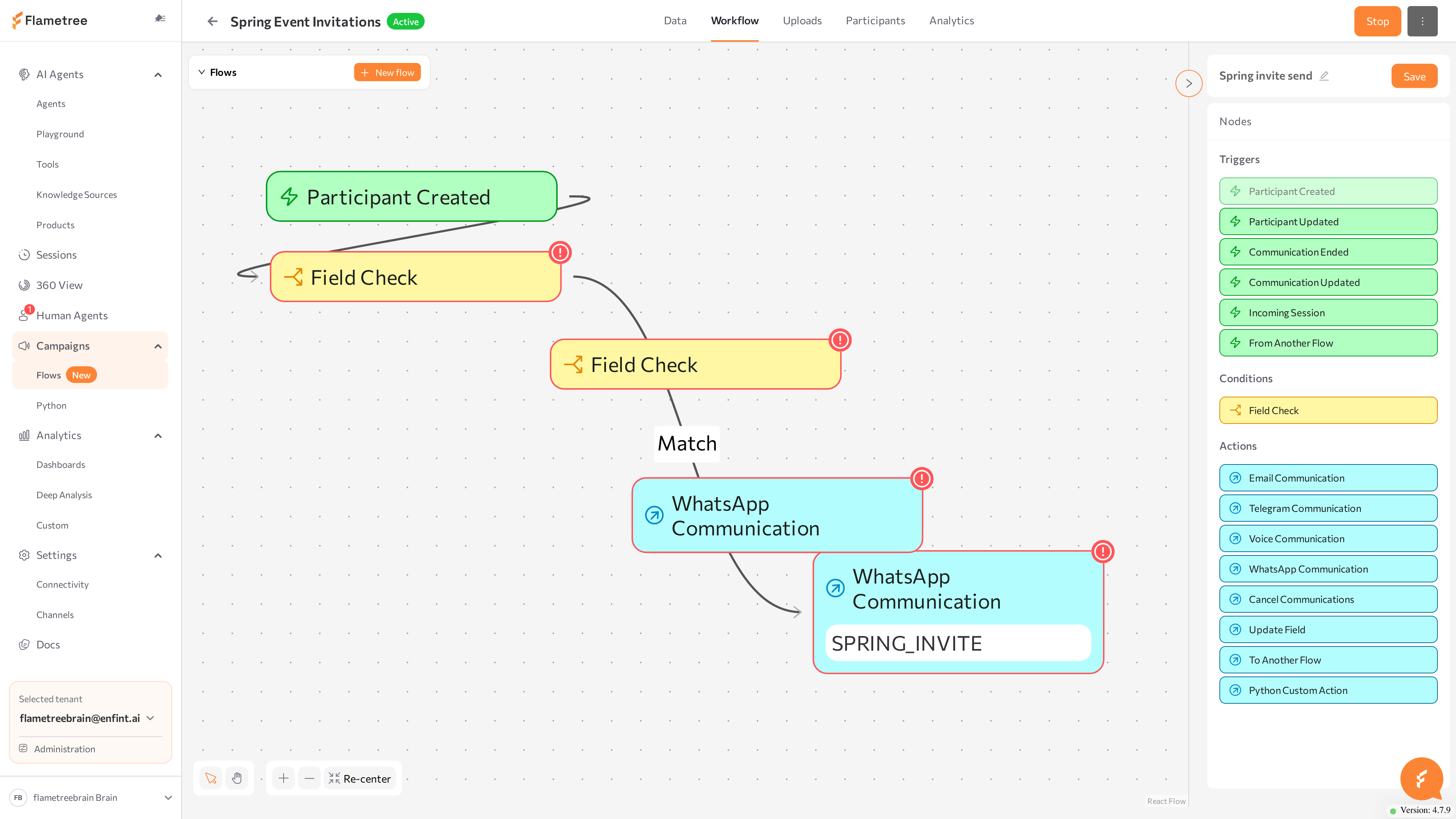 Workflow tab with the canvas, the Flows panel, and the Settings &amp; Nodes panel